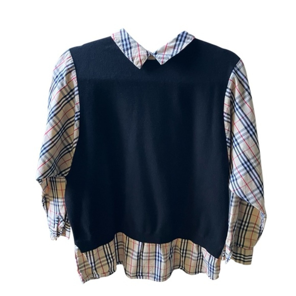 Stylish Sweater Vest Black Plaid Collared Long Sleeve Shirt Size M